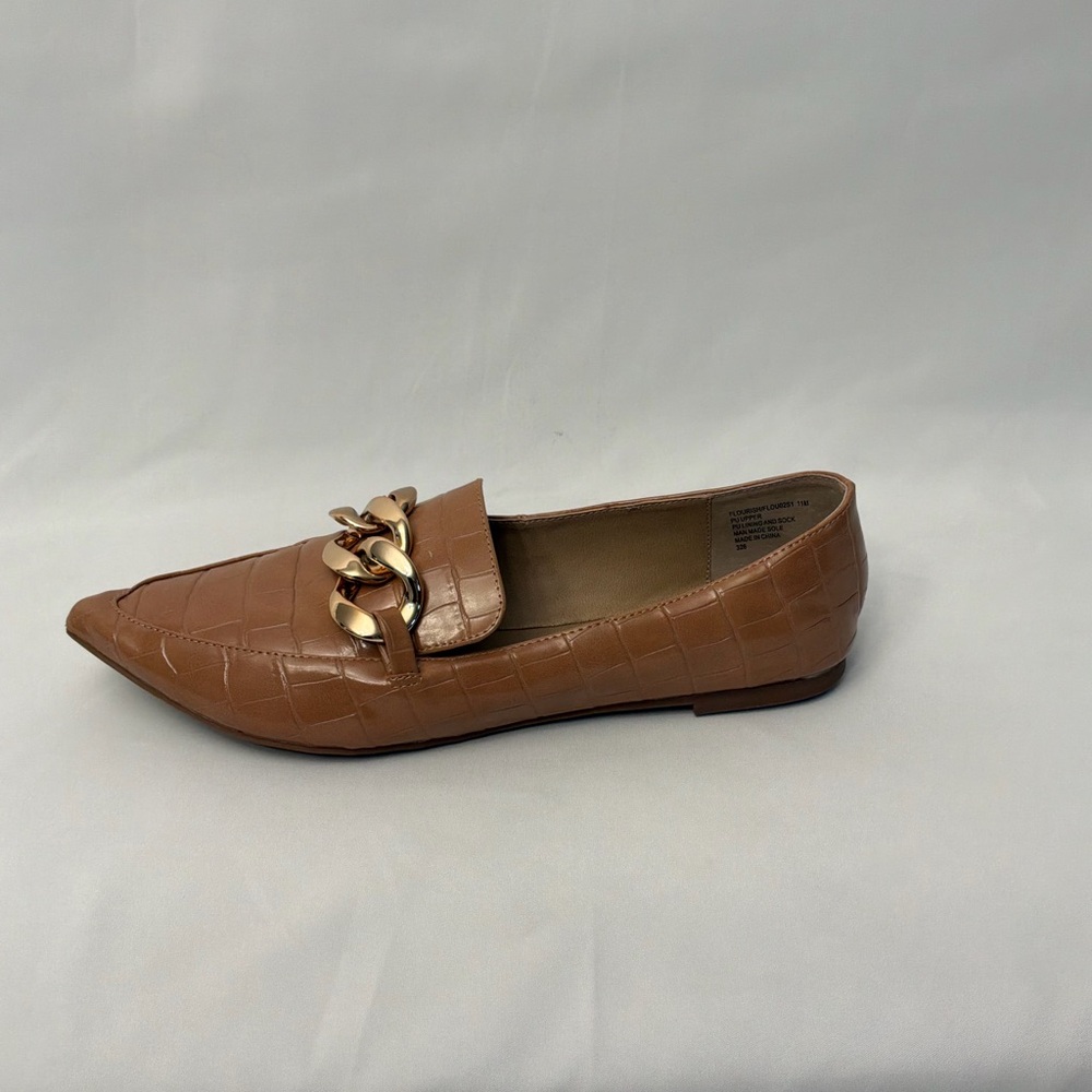 Steve Madden Tan Croc-Embossed Loafers with Gold Accent